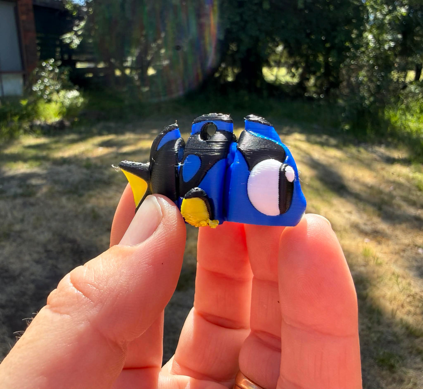 Hand holding a small blue and black fish 3d printed with against a natural background.