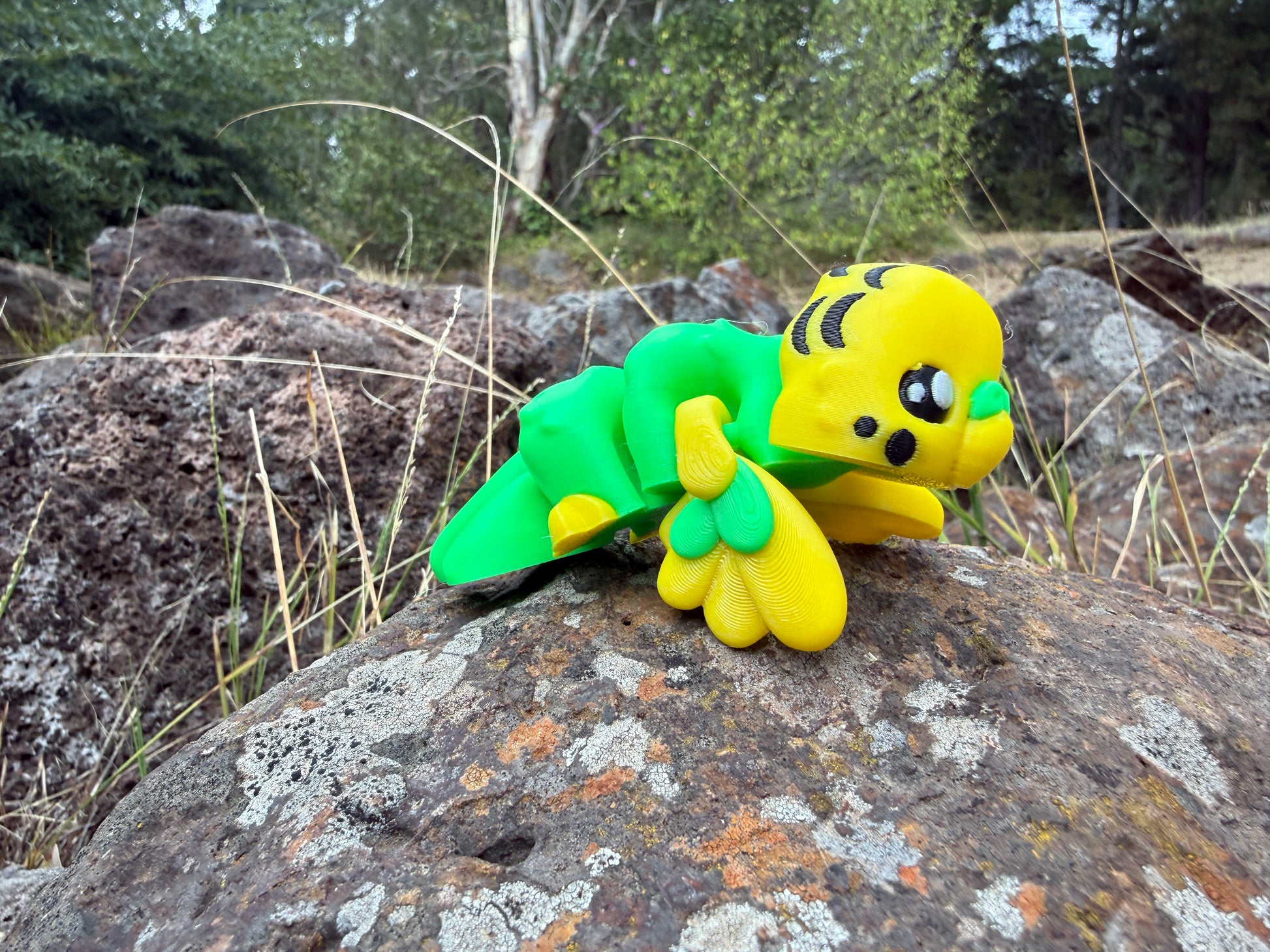 3d printed budgie on a rock with a natural background