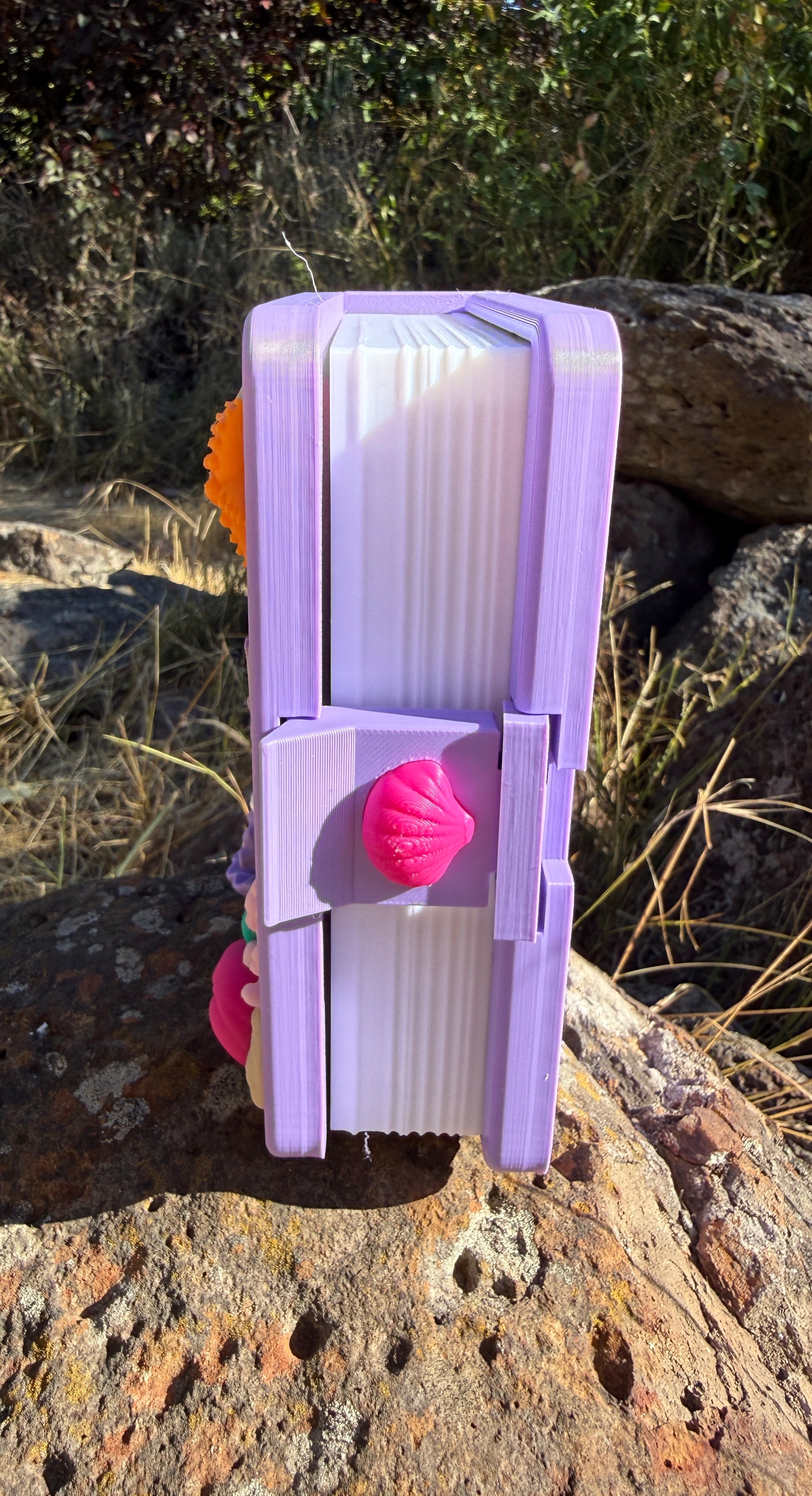 Purple and white rectangular 3d print with a pink shell on a rocky surface