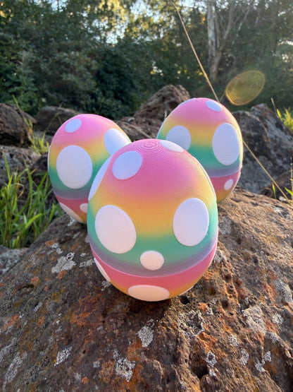 Colorful polka dot 3d printed eggs on a rocky surface with greenery in the background