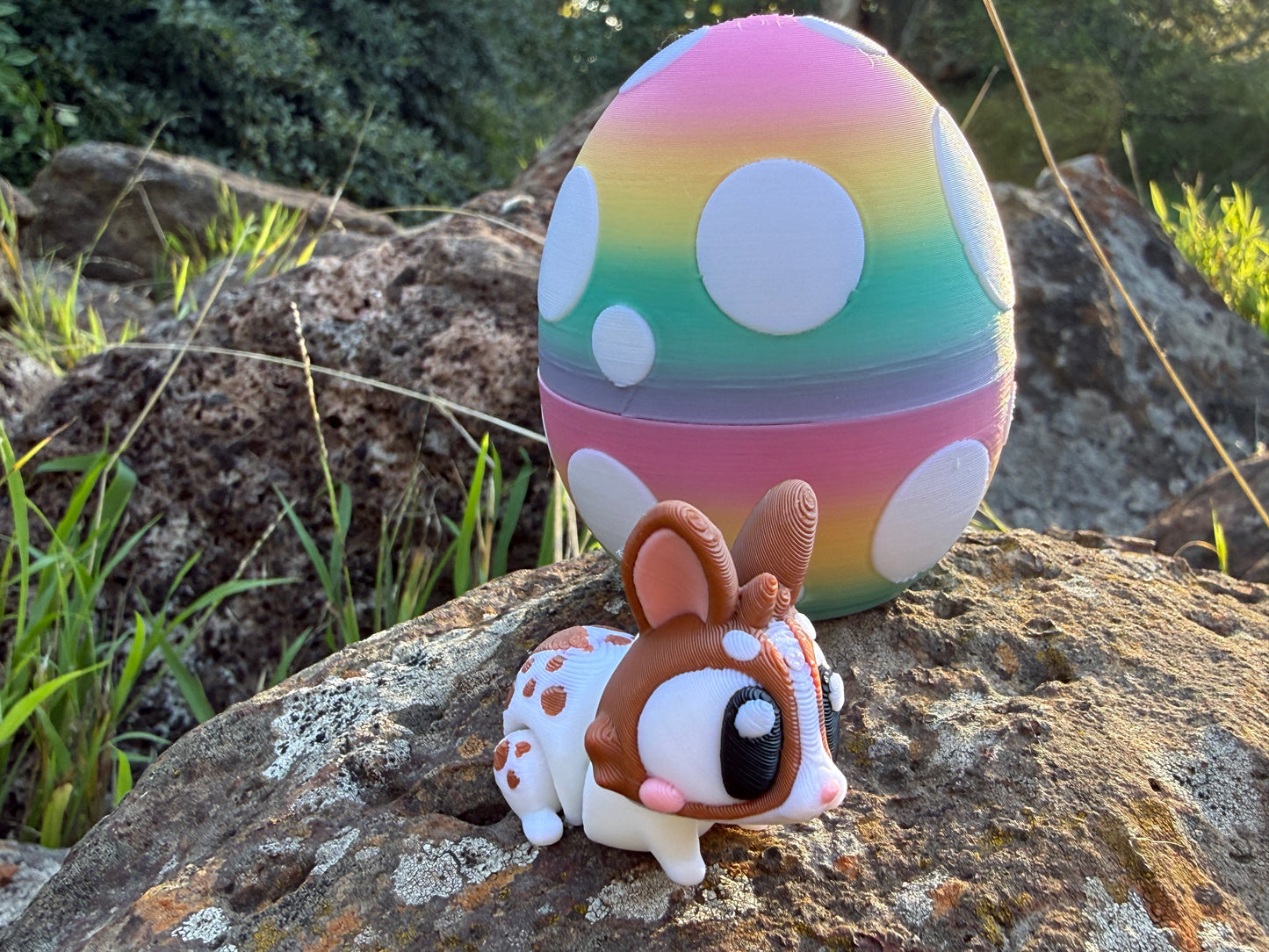 3d printed Small figurine of a bunny next to a colorful egg-shaped object on a rocky surface with grass in the background.