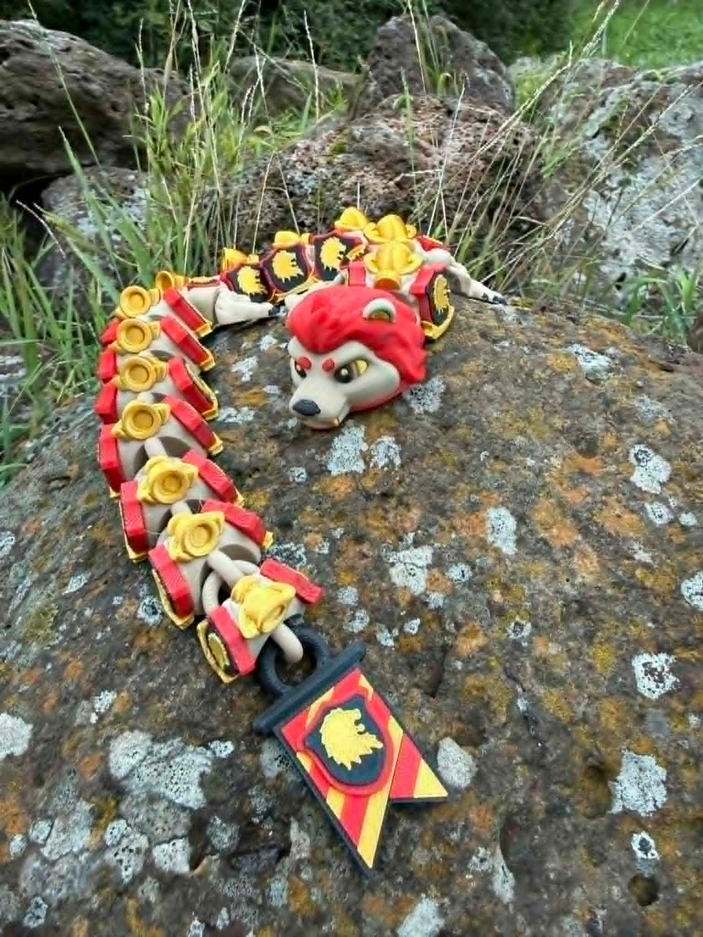 Articulated Lion Dragon Toy – Red & Gold Fantasy Creature – Courage House Inspired Desk Decor
