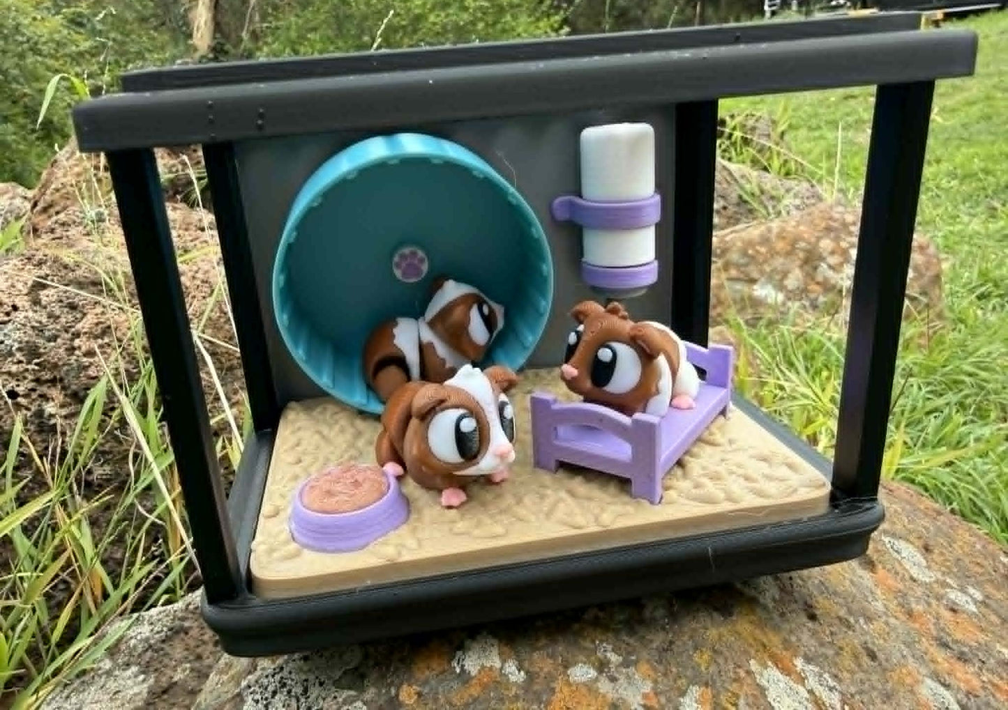 Guinea Pig Playground Mini Habitat – Spinning Wheel + 3 Cute Guinea Pigs | 3D Printed Small‑World Scene