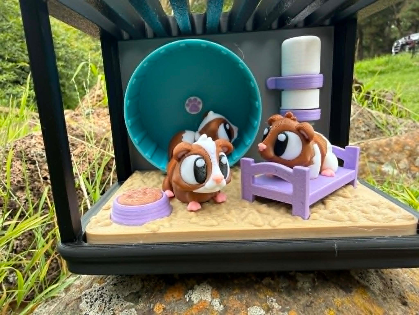 Guinea Pig Playground Mini Habitat – Spinning Wheel + 3 Cute Guinea Pigs | 3D Printed Small‑World Scene