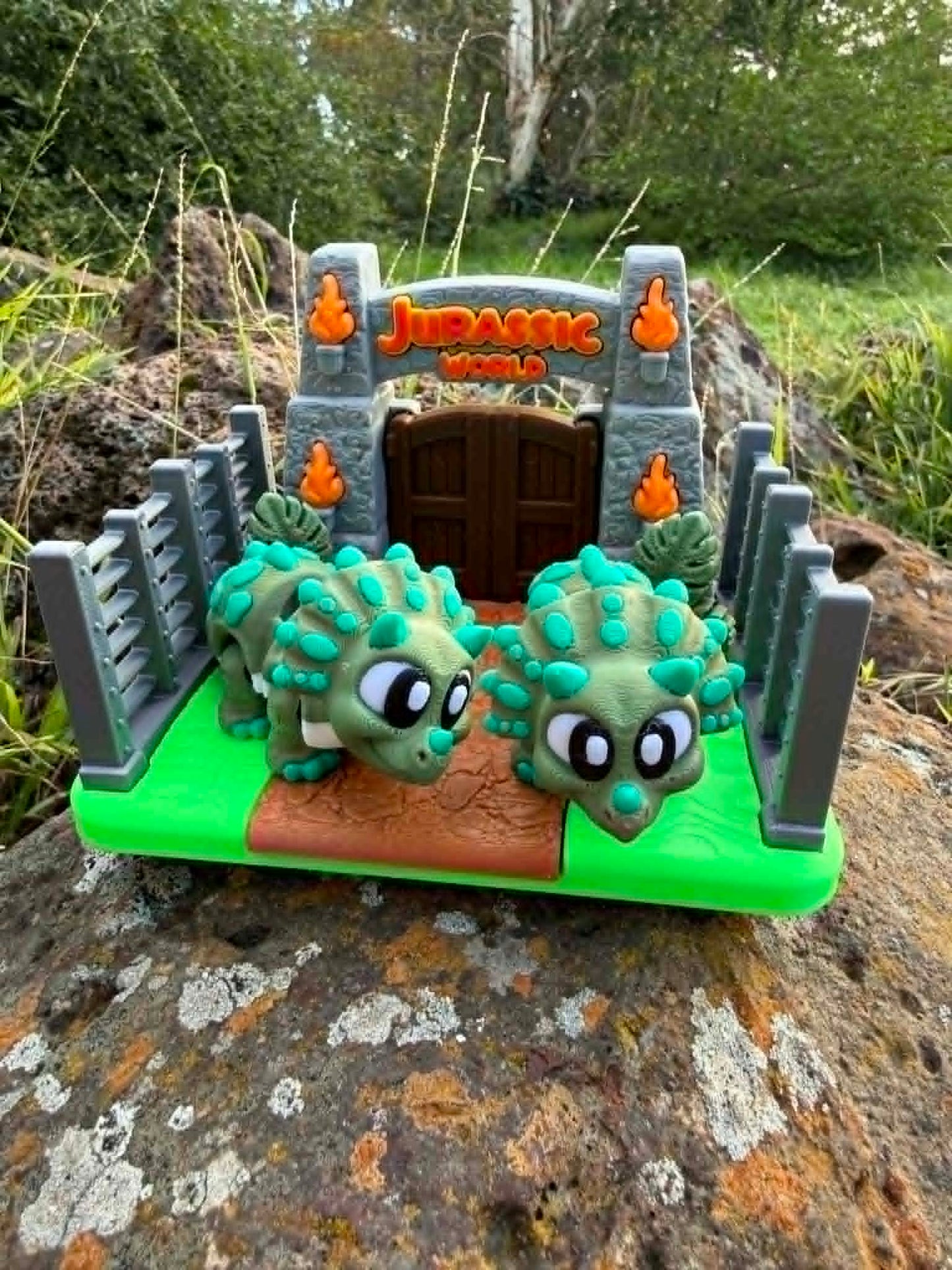 Two Triceratops Playset with Jurassic‑Style Gate | 3D Printed Dino Habitat