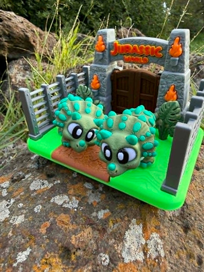 Two Triceratops Playset with Jurassic‑Style Gate | 3D Printed Dino Habitat