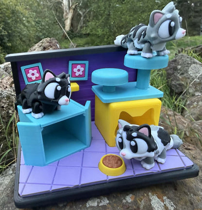 Cat Play Set – 3D Printed Miniature Cats | Cute Shelf Décor for Kids & Cat Lovers