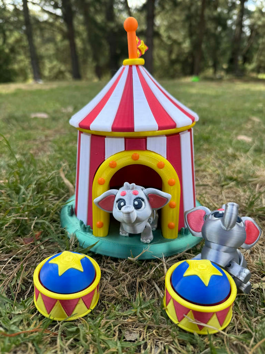 3D printed Circus Tent Play Set with 3D printed Elephants & 3D Printed Drum Clickers