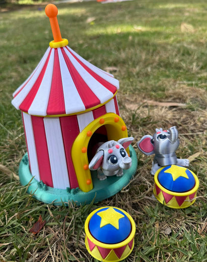 3D printed Circus Tent Play Set with 3D printed Elephants & 3D Printed Drum Clickers