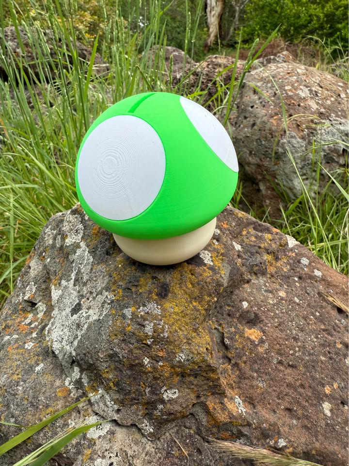 Green and white mushroom-shaped 3d printed money box on a rock with grass in the background
