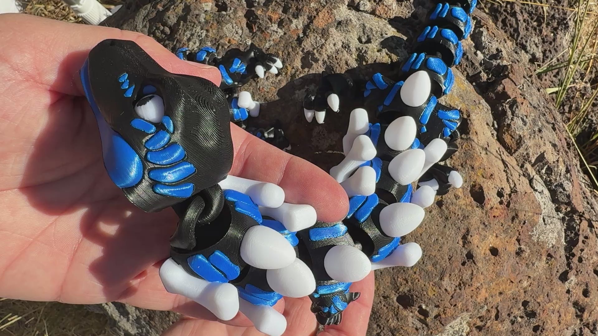 3D printed raptor black and blue. large and small with steak detail tail. bone and egg details down their back. shacking 