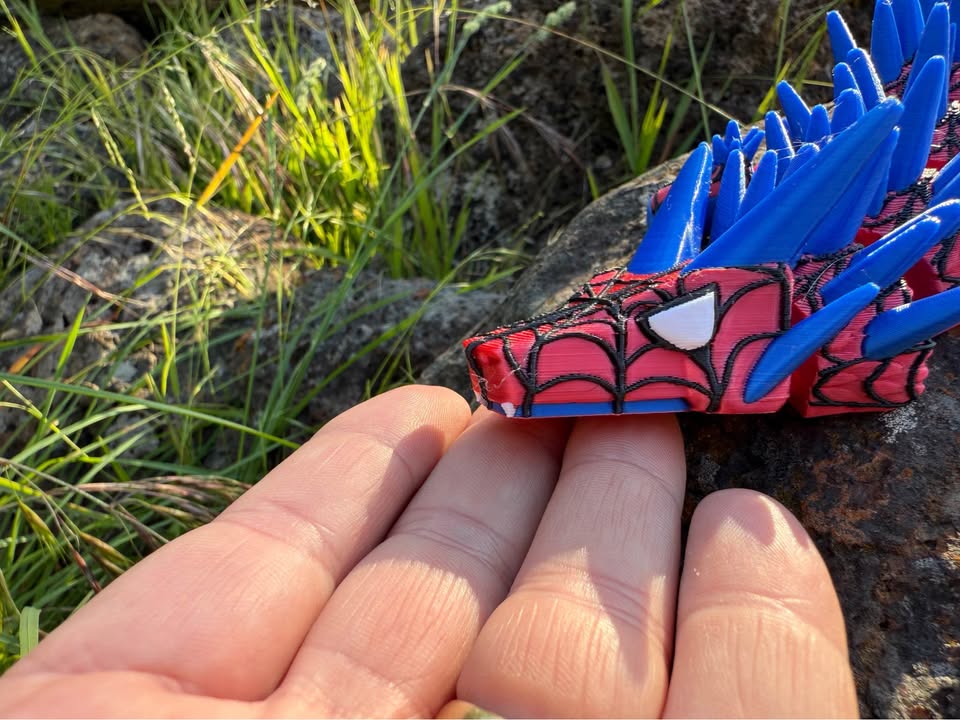 3d printed dragon with red and blue colors held by a hand against a natural background