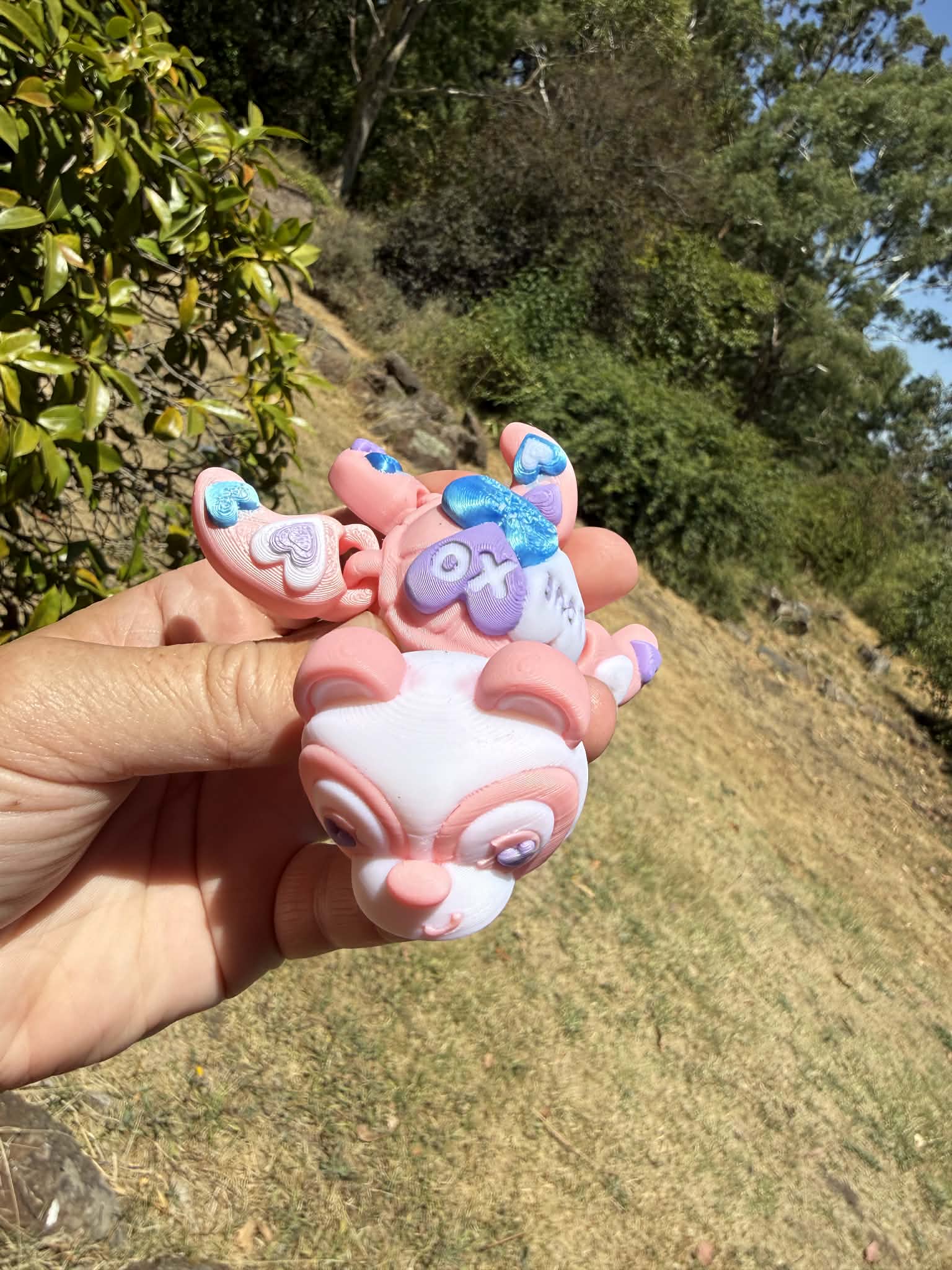 pink and blue 3d printed turtle/panda on a hand with grass in the background