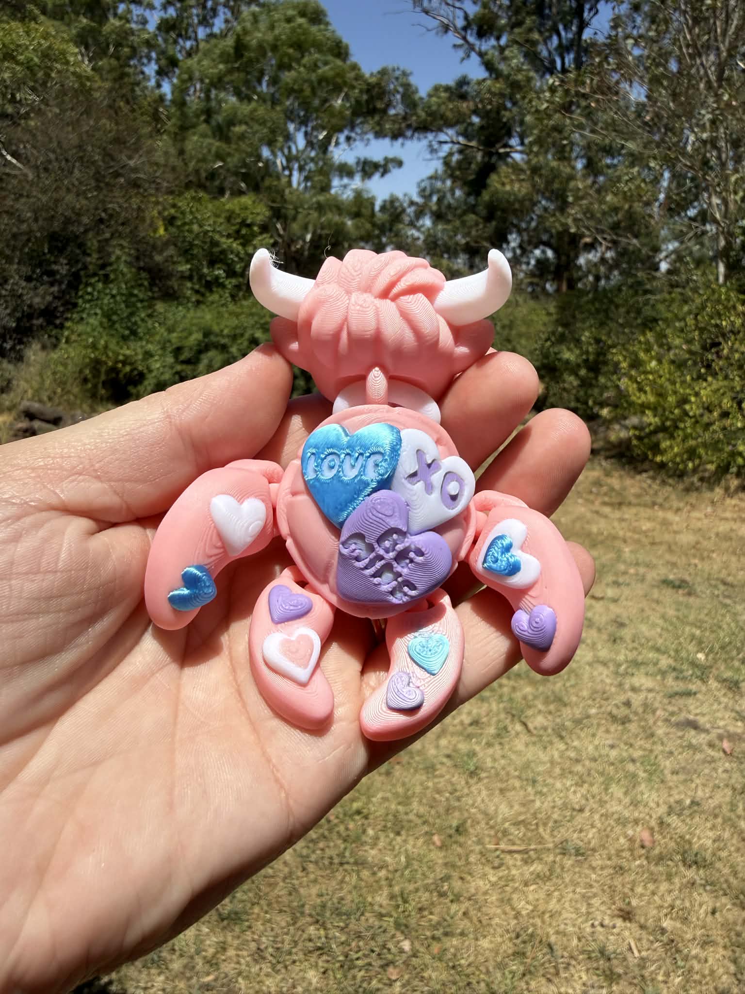 Pink and blue 3d printed turtle/highland cow on a rock with grass in the background